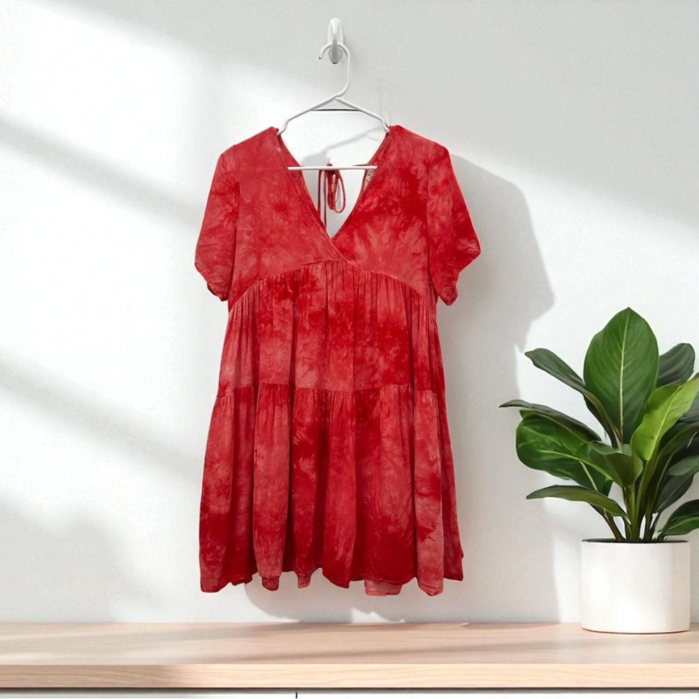 Anthropologie Women’s Easel Red Tie-Dye V-Neck Dress Size S - Picture 1 of 10